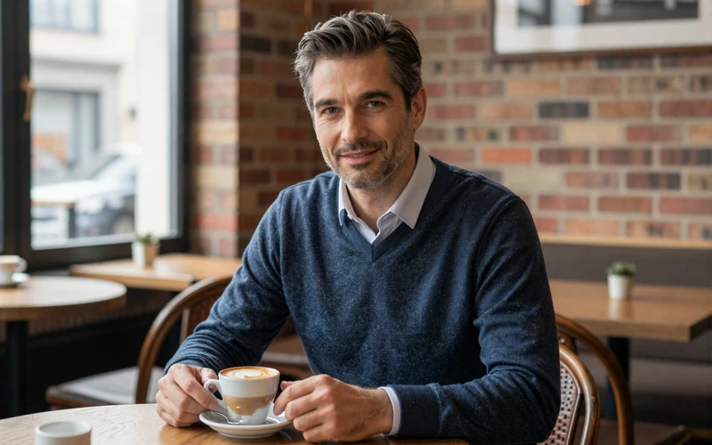 Confident mature American man enjoying coffee at a European cafe, ready for international dating