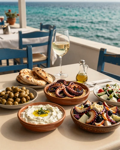 Traditional Greek meze spread at a seaside taverna with Aegean Sea view
