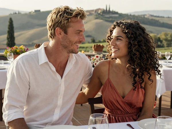 Thomas and Giulia, an American-Italian couple at a Tuscan restaurant