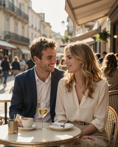Happy international couple enjoying a date at a European cafe terrace