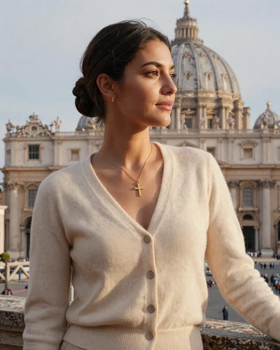 Elegant Italian woman near Vatican City enjoying a Roman terrace with St Peters dome in background