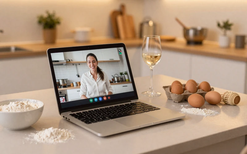 Virtual cooking date setup with a laptop video call and cooking ingredients on a warm kitchen counter