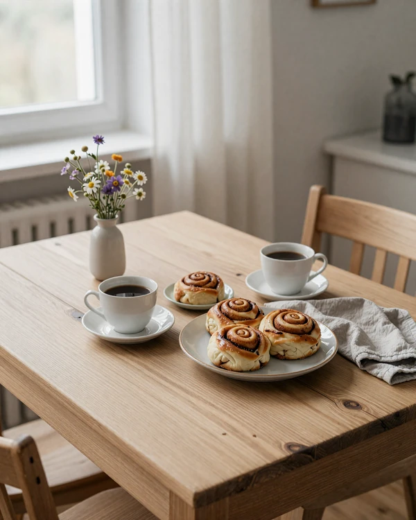 Traditional Swedish fika setting with coffee and kanelbullar cinnamon buns in a minimalist Scandinavian café