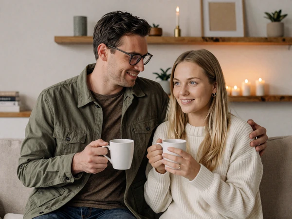 Robert and Ingrid, an American-Swedish couple in a cozy Scandinavian setting