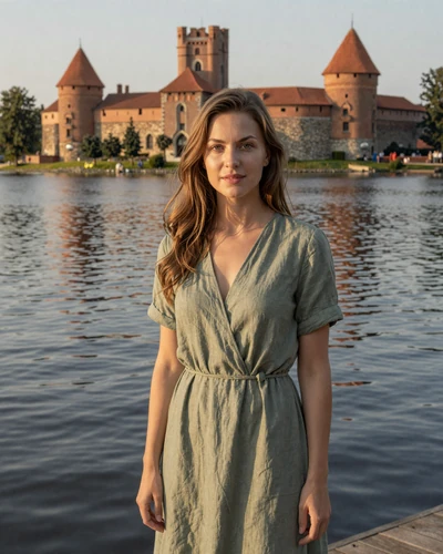Lithuanian woman enjoying the lakeside view near Trakai Castle on a warm evening