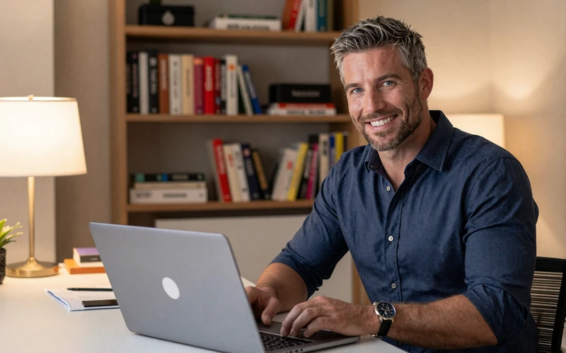 American man on a video date with a European woman, smiling warmly at his laptop screen in a cozy home office