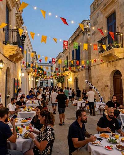 Traditional Maltese festa village celebration with fairy lights and festive decorations in a historic limestone street