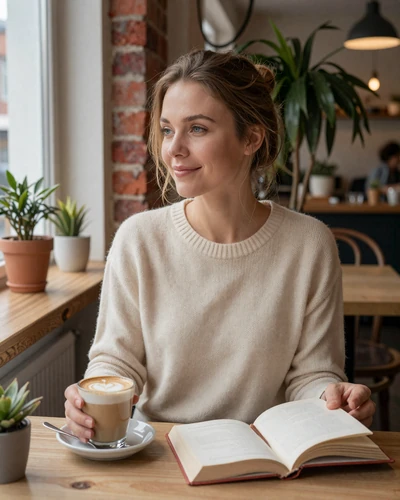 German woman enjoying coffee and reading at a cozy Berlin café