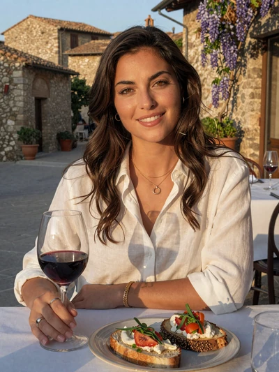 Italian woman enjoying wine and bruschetta at an outdoor Tuscan trattoria