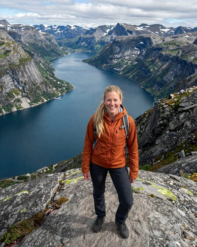 Norwegian woman hiking on a scenic mountain trail overlooking a dramatic fjord in summer