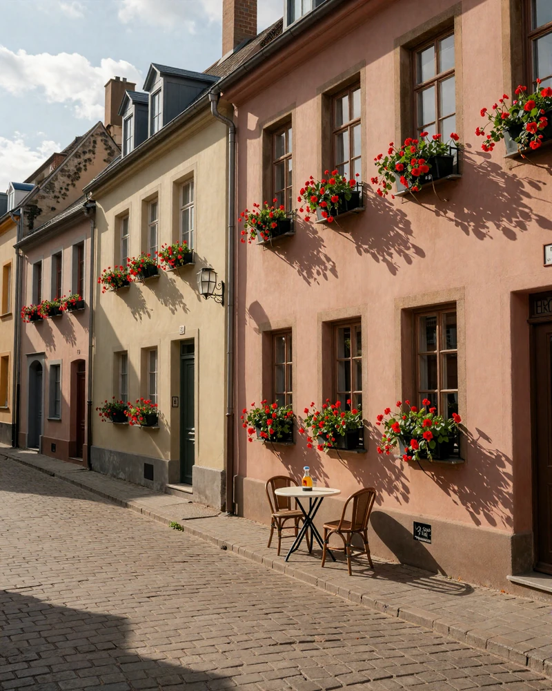 Charming cobblestone street in Luxembourg City Old Town with sidewalk cafe and pastel buildings