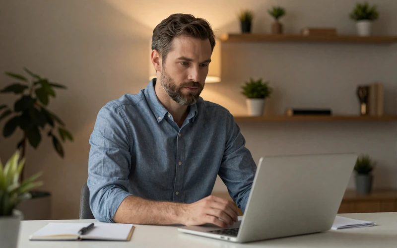 American man reviewing an online dating profile carefully on his laptop at home