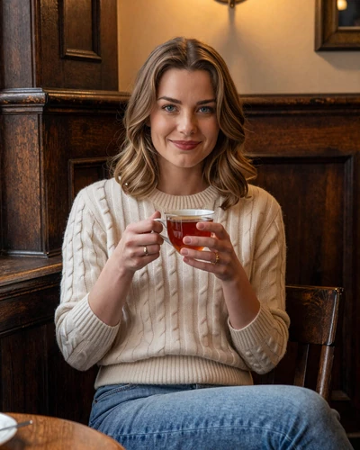 British woman enjoying tea in a cozy English pub setting