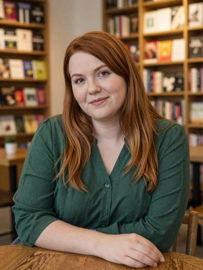 Gabija, 30, Lithuanian woman with auburn hair at a bookshop cafe in Kaunas