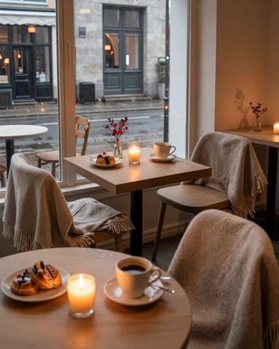 Cozy Danish hygge cafe scene in Copenhagen with candles and warm lighting