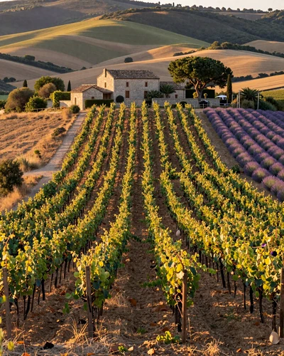 Beautiful French Provence vineyard at golden hour with stone farmhouse