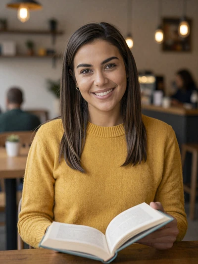 Noor, 27, dark-haired Dutch woman from Amsterdam enjoying a book in a cafe