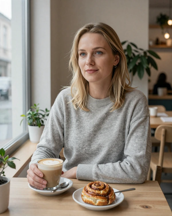 Swedish woman enjoying fika with coffee and cinnamon bun at a bright Scandinavian café in Stockholm