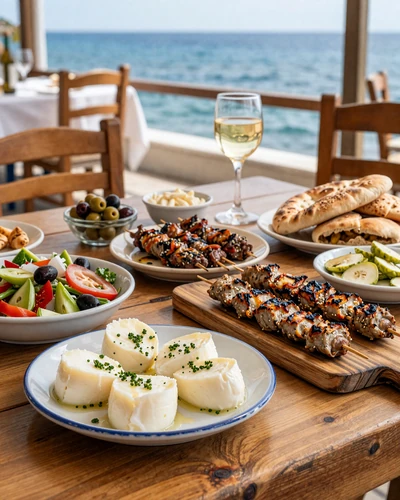Traditional Cypriot meze spread with halloumi and commandaria wine at a seaside taverna in Cyprus