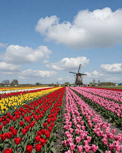 Colorful Dutch tulip fields in bloom with windmill in the Netherlands countryside