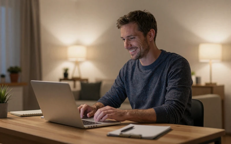 American man on a video call with his European girlfriend from a cozy home office
