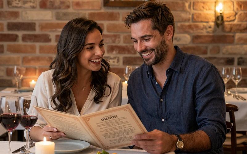 International couple laughing together at an Italian restaurant while reading a menu in Italian