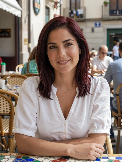 Carmen, 31, Spanish woman with auburn hair at a Barcelona cafe terrace