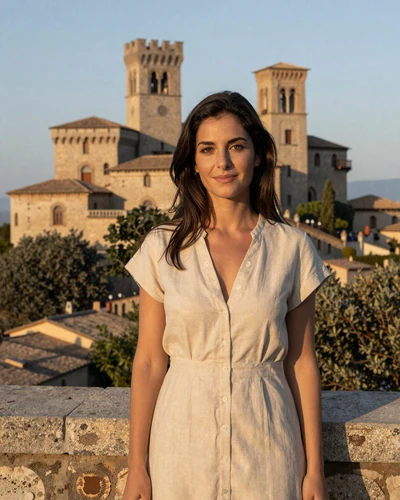 San Marinese woman enjoying the view from Monte Titano with the Three Towers of San Marino in the background