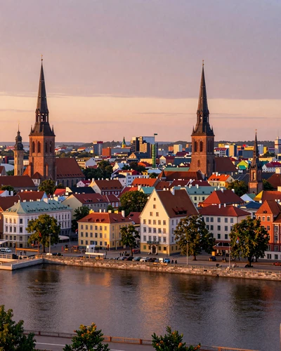 Riga skyline at sunset with the Daugava river and historic church spires reflecting golden light