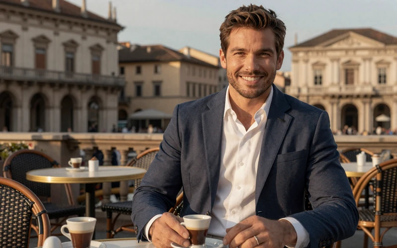 Confident American man enjoying coffee at a European outdoor cafe during golden hour