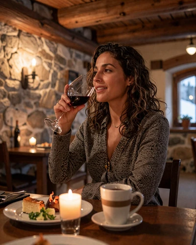 Andorran woman enjoying wine at a traditional Pyrenean mountain restaurant