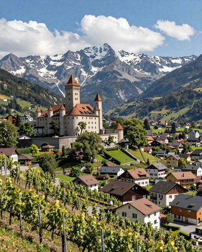 Vaduz Castle overlooking the Rhine Valley in Liechtenstein with Alpine mountains in the background