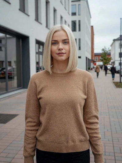 Liisa, 28, Estonian woman with platinum bob walking through Tallinn design district