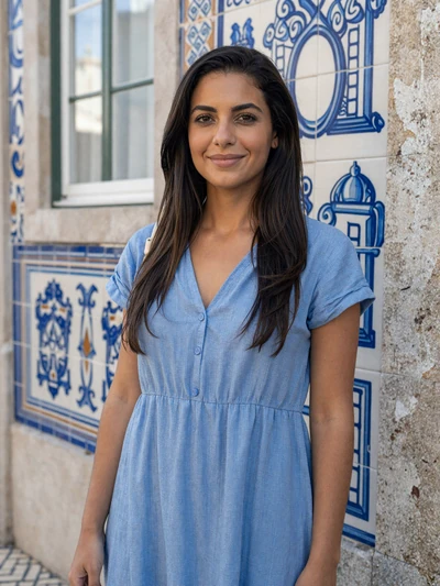 Beatriz, 27, Portuguese woman with long dark hair near Lisbon azulejo tiles