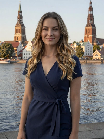 Ilze, 26, Latvian woman with wavy dark blonde hair by the Daugava river in Riga