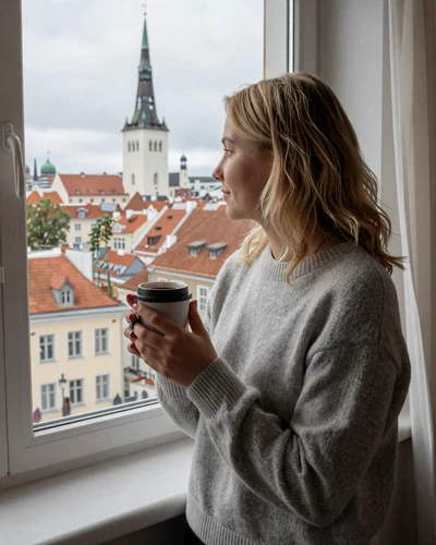 Estonian woman enjoying coffee with view of Tallinn Old Town rooftops