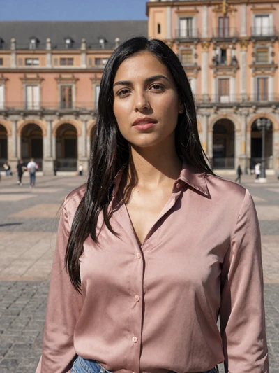 Lucia, 33, Spanish woman with long black hair in a Madrid plaza