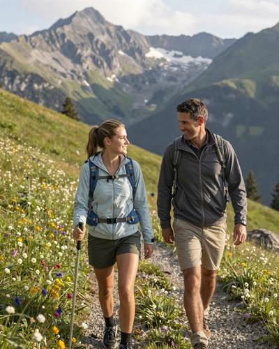 Couple hiking together through an Alpine meadow in Liechtenstein with mountain peaks in background