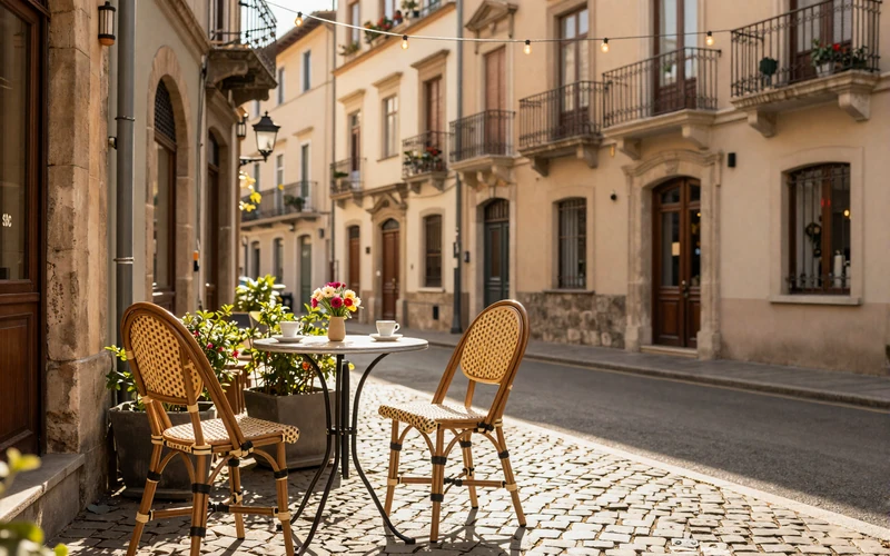 Charming European cafe terrace set for a romantic first date in a cobblestone old town