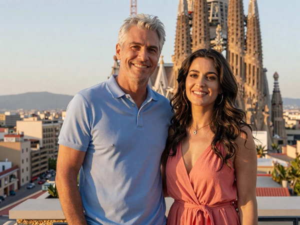 Mark and Sofia, an American-Spanish couple on a Barcelona rooftop