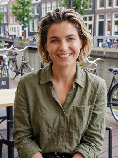 Merel, 32, Dutch woman with dark blonde hair at a Utrecht canal cafe looking for a partner
