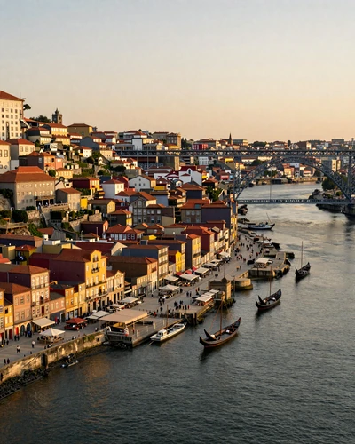 Porto Portugal Ribeira district colorful buildings along Douro river at sunset