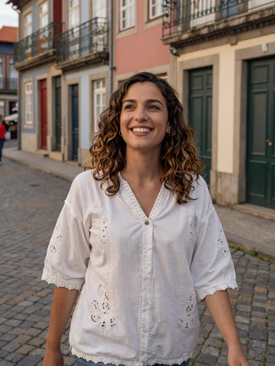 Marta, 28, Portuguese woman with wavy brown hair on a Porto cobblestone street