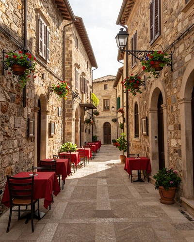 Charming cobblestone street in San Marino old town with medieval architecture and outdoor cafe