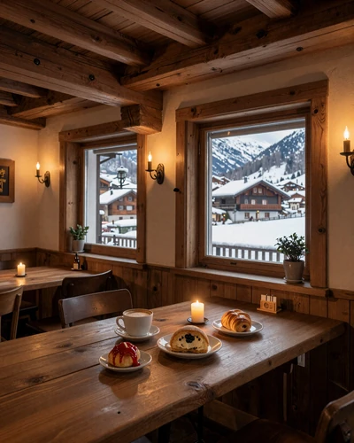 Cozy Swiss alpine cafe with warm atmosphere and mountain views through the window