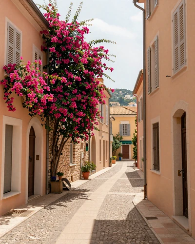 Charming narrow cobblestone street in Monaco-Ville old town with pastel Mediterranean buildings and bougainvillea