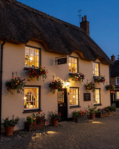 Charming English countryside pub with warm lighting at twilight