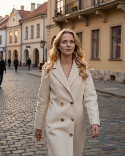 Lithuanian woman strolling through the historic streets of Vilnius Old Town at golden hour