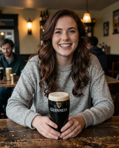Irish woman enjoying a warm conversation at a traditional Dublin pub