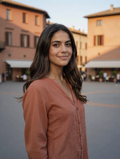 Valentina, 29, Italian woman with dark wavy hair smiling in an Italian piazza